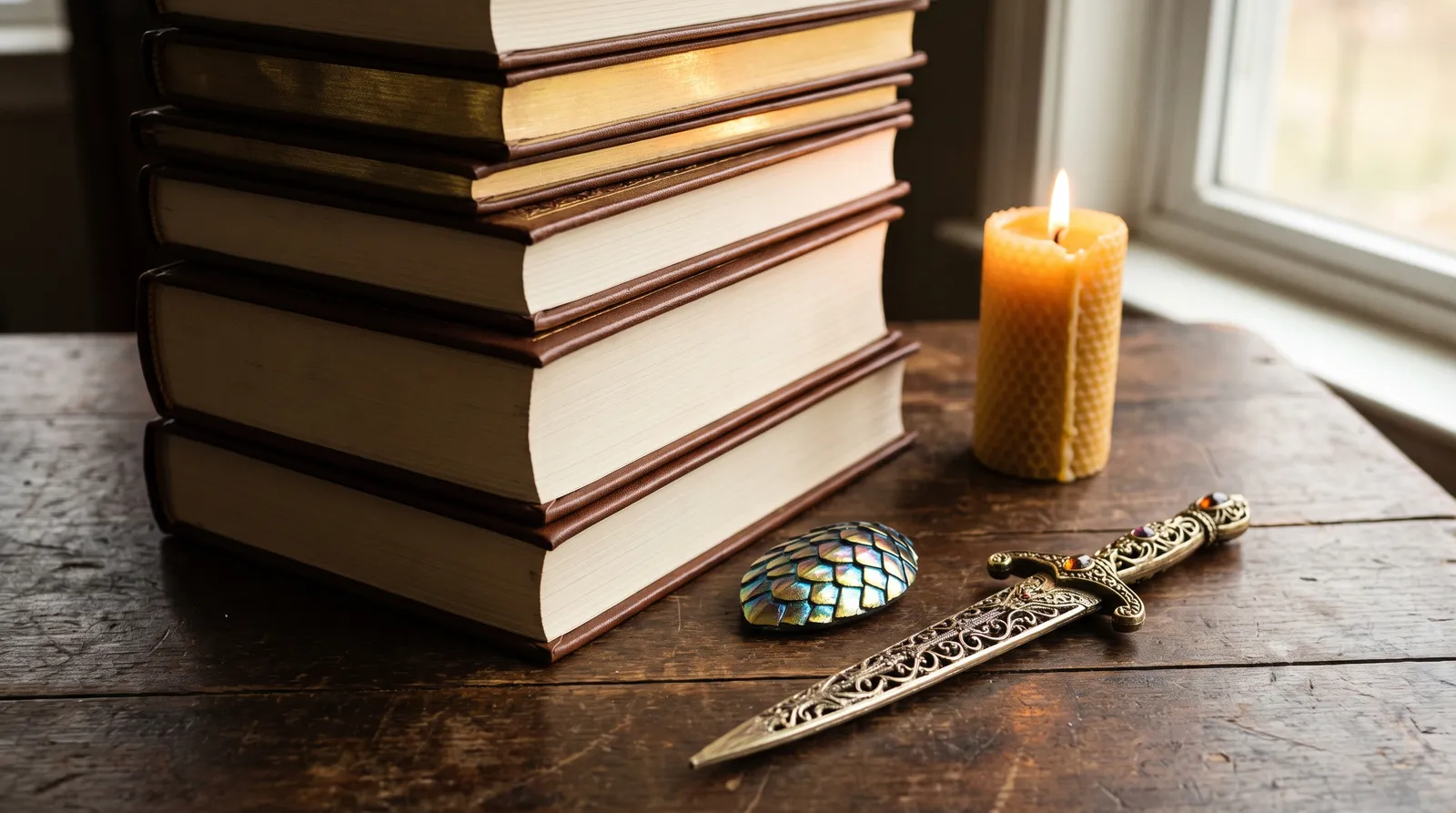 Stack of dragon-themed fantasy books with a dragon scale and warm candlelight on dark wood