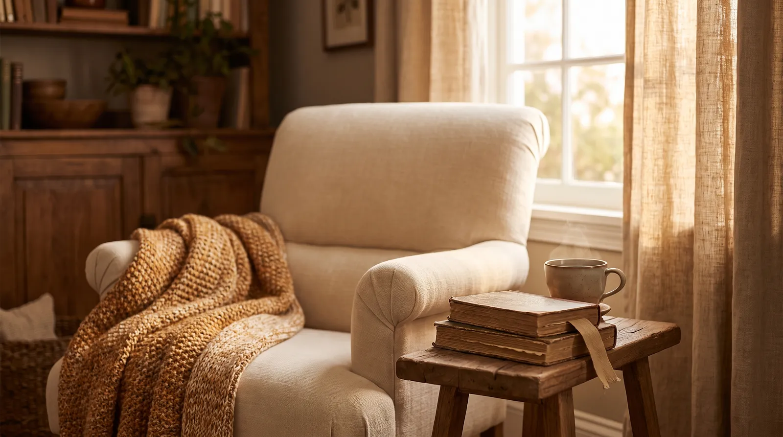 Cozy armchair with a knitted blanket, a small stack of books and a steaming cup of tea in warm window light
