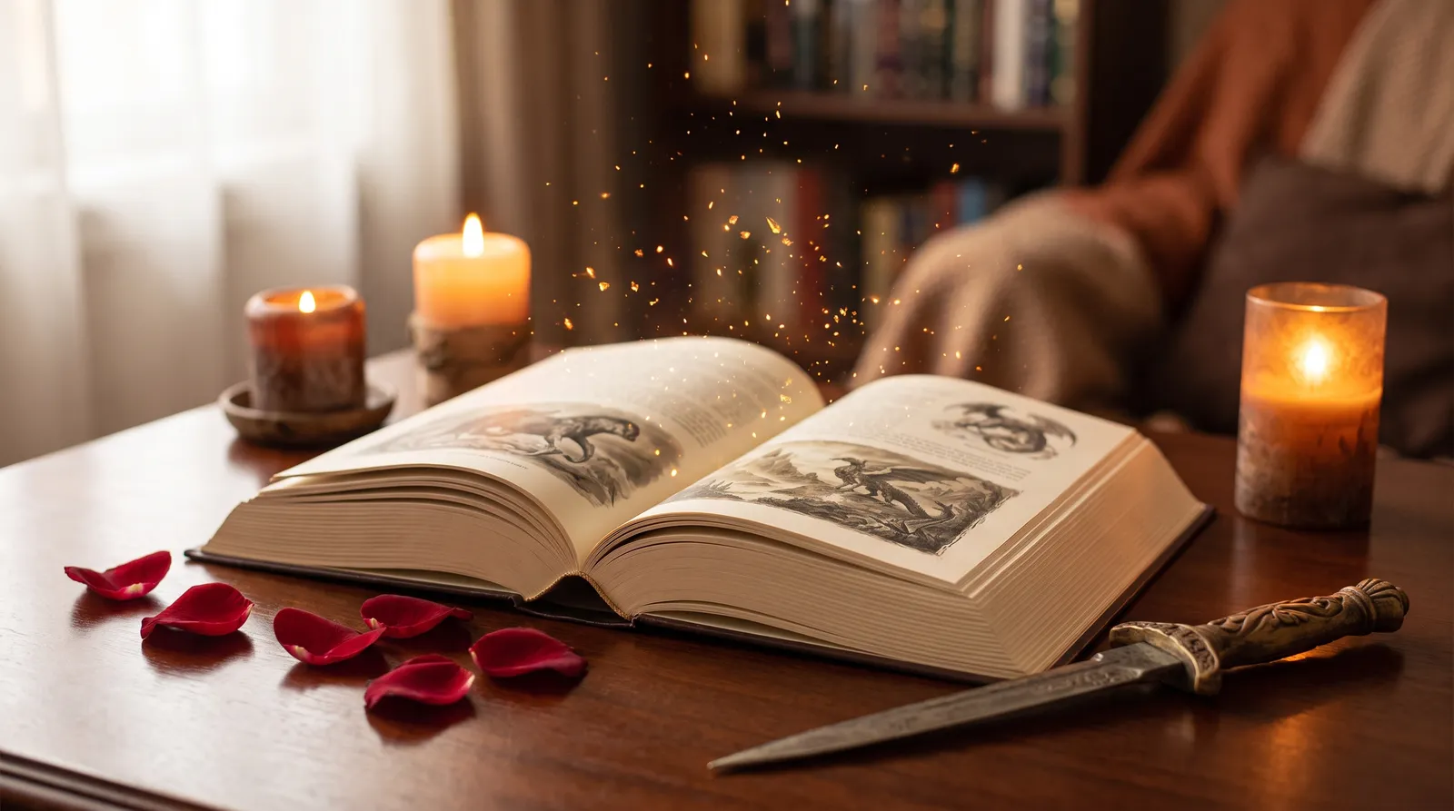 Open fantasy novel with golden sparks, rose petals and an ornate dagger on a wooden table